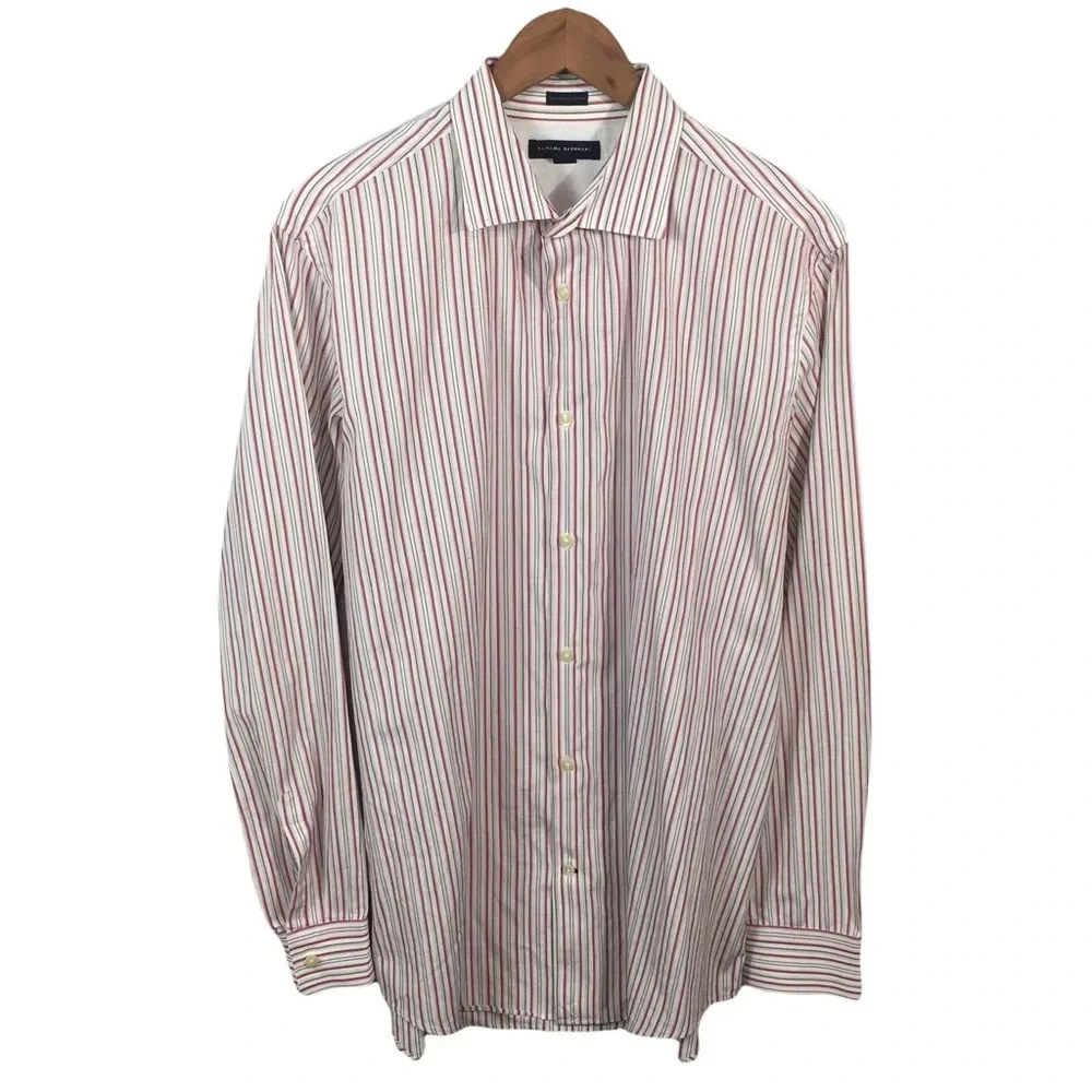 BF353 Men’s BANANA REPUBLIC 2 Ply Cotton Fitted Striped Dress Shirt 17-17.5 XL